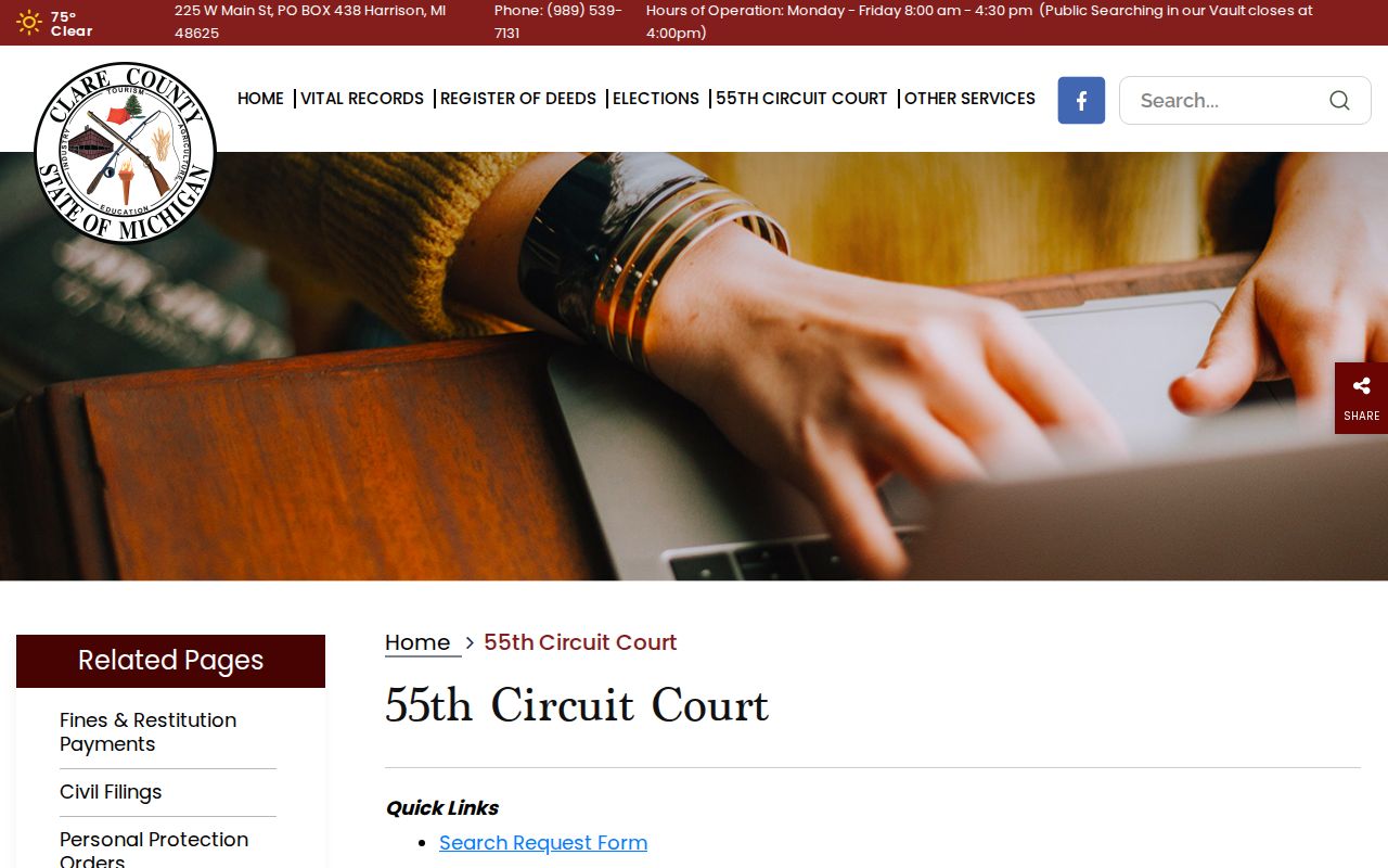 Clare County bench warrant lookup: 55th Circuit Court clerk page with public search hours and court links