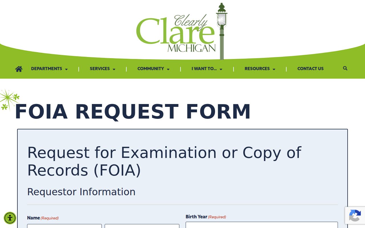Clare County city court warrant: Clare city FOIA request form fields for city records