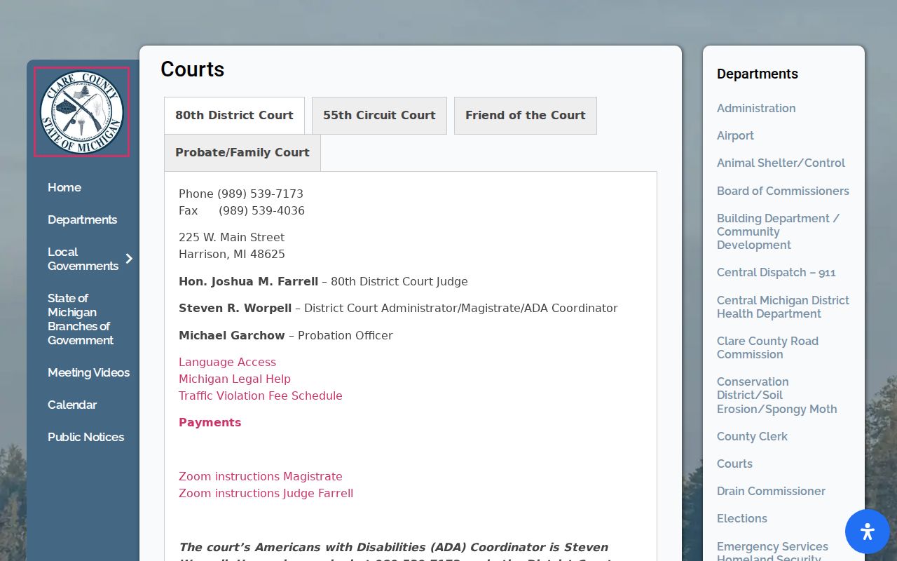 Clare County warrant records: courts landing page listing the 80th District Court and 55th Circuit Court in Harrison