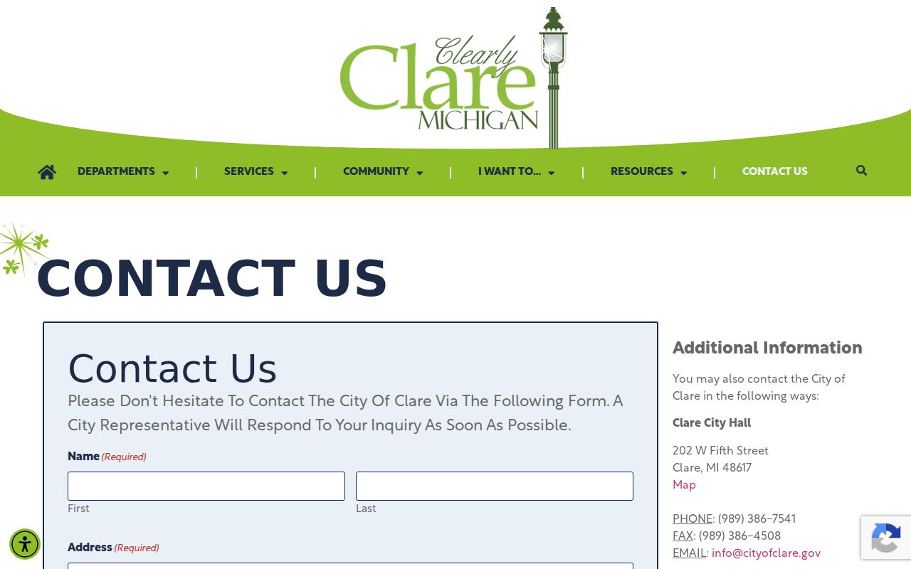 Clare warrant records: Clare City Hall exterior and municipal contact information