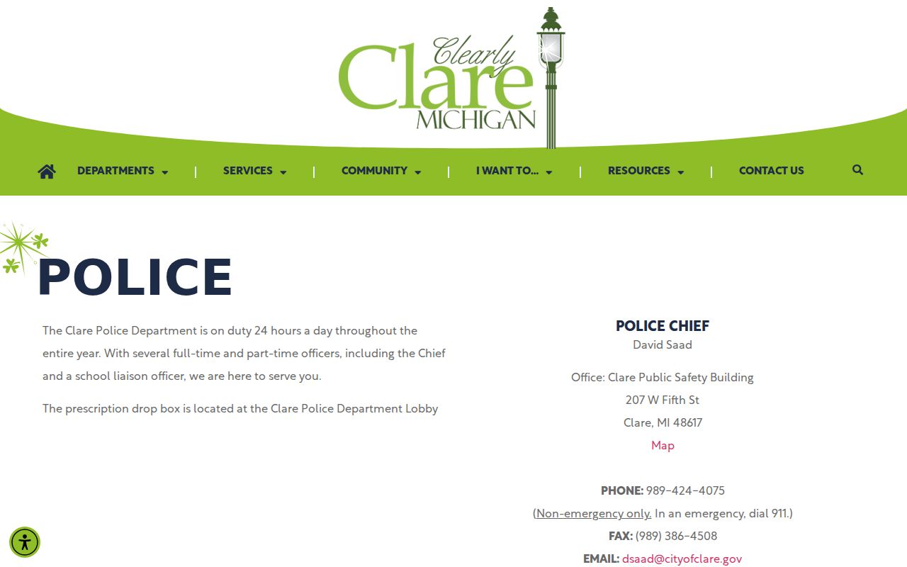 Clare warrant records: Clare Public Safety Building and city police contact page