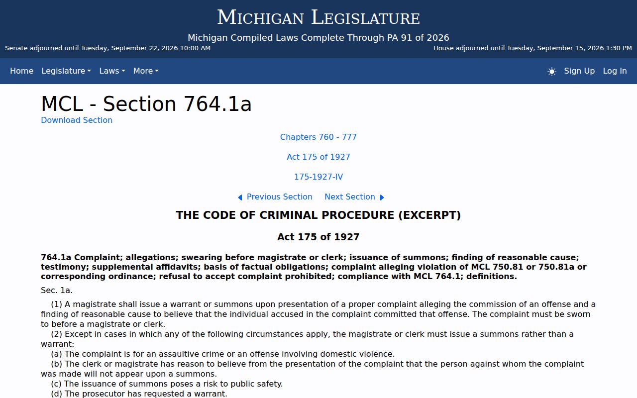 Clare County arrest warrant lookup: Michigan statute page covering complaints and probable-cause warrant issuance