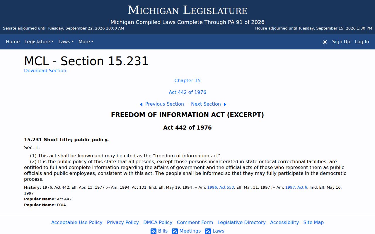 Clare County active warrant search: Michigan Freedom of Information Act statute page