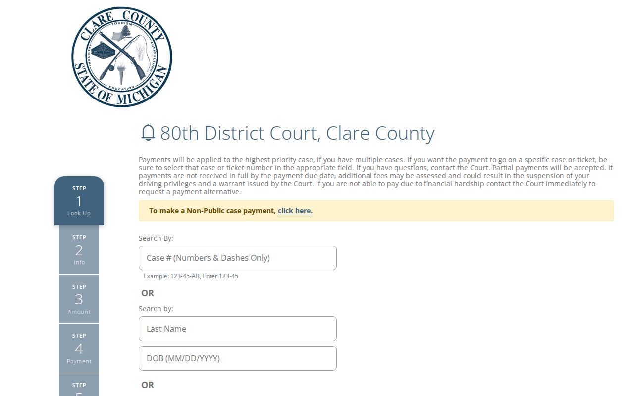 Clare County traffic warrant lookup: 80th District Court payment page and search fields