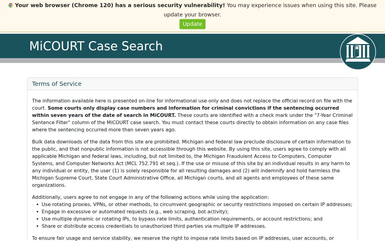 Clare County warrant search: statewide MiCOURT case search landing page and public use notice